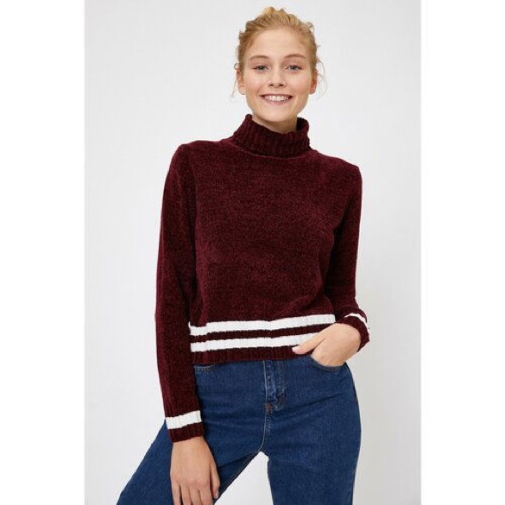 Forever21 Women's Claret Red Striped Cowl Neck Cropped Sweater Size Small